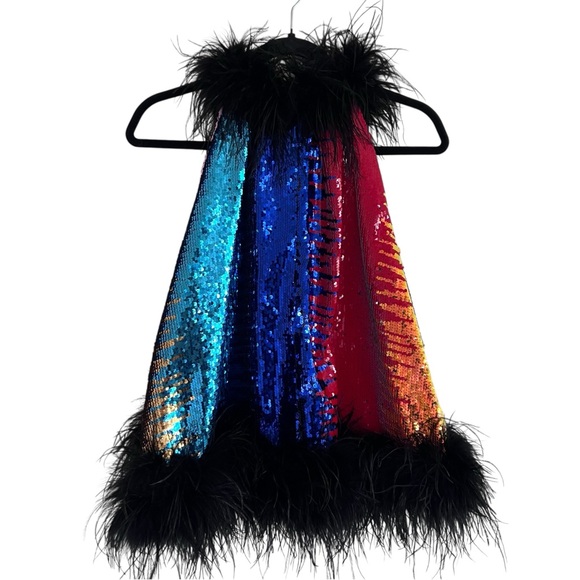 Queen of Sparkles Multicolor Sequin Stripe Feather Sleeveless Top Small - Picture 2 of 13